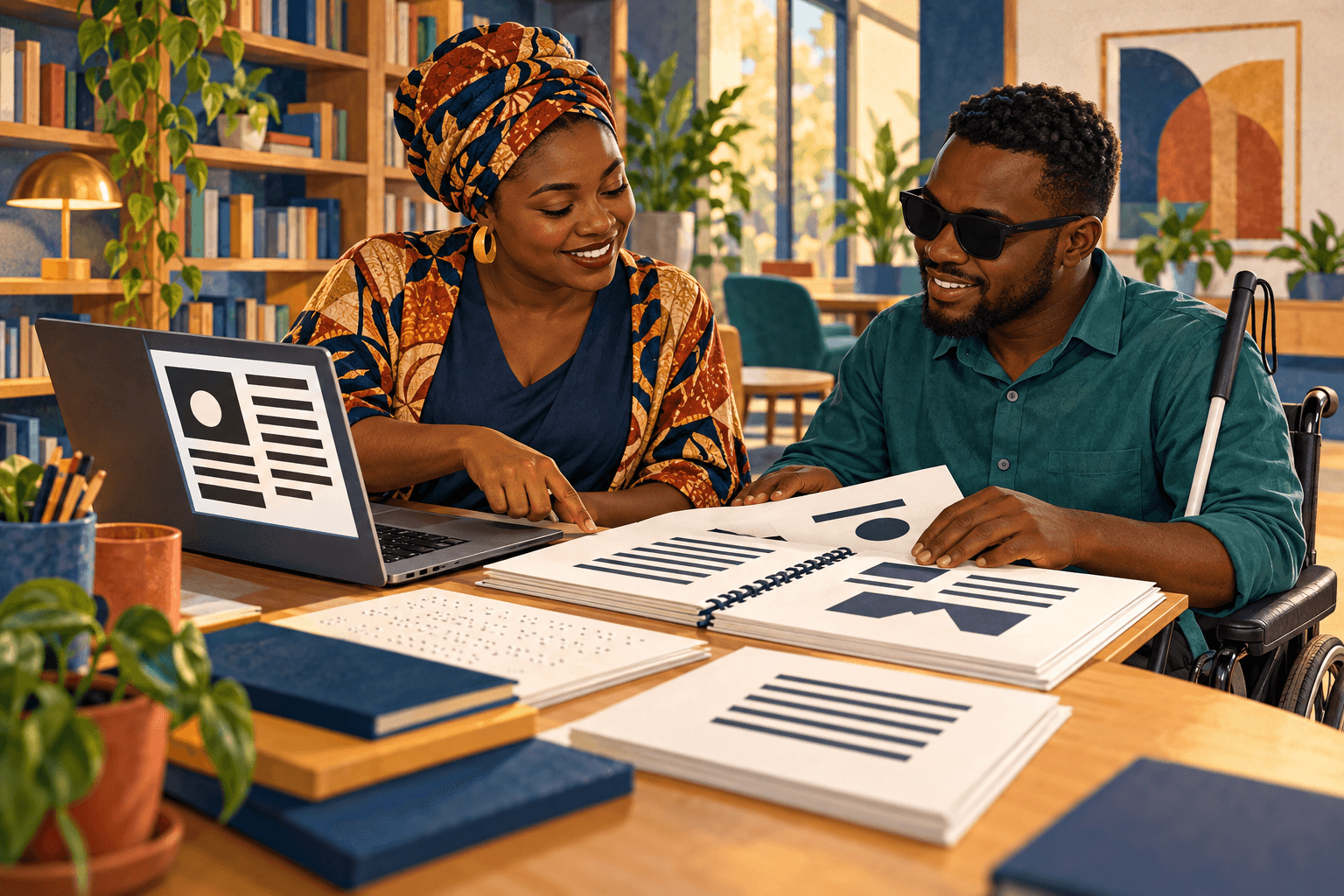 Illustration of two African advocates preparing accessible digital and large-print information.