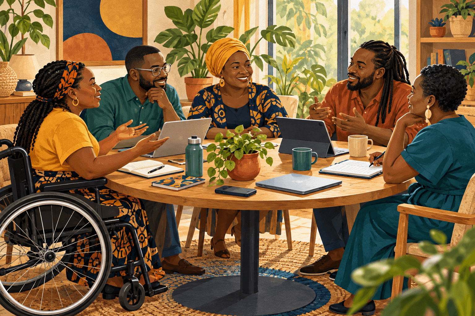 Illustration of African community advocates discussing inclusive participation.
